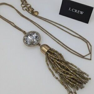 J. Crew Gold and Silver Tassel Necklace with Large Glass Rhinestone Pendant